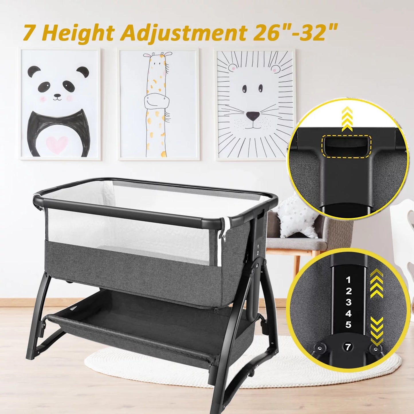 Adnoom Baby Bassinet Bedside Sleeper, Baby Bed to Babies Cradle, Adjustable 7-Level Height Portable Bed for Newborn/ Infant/ Baby Boy/ Baby Girl (Light Gray)