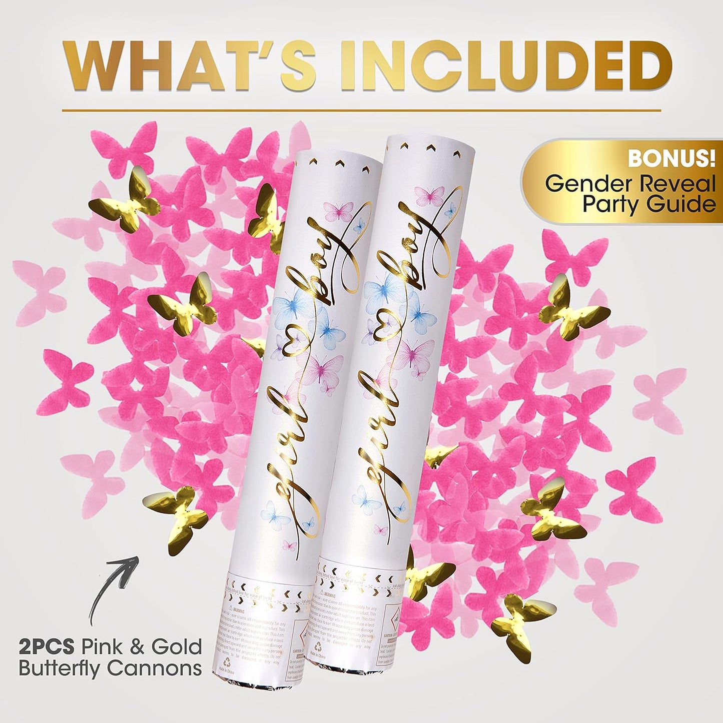 Gender Reveal Confetti Cannon - 2 Pack - Butterfly Shape Pink Gender Reveal Cannons | Baby Gender Reveal Poppers | Girl Gender Reveal Pink Party Popper Confetti Shooter | Pink Confetti Poppers Blaster