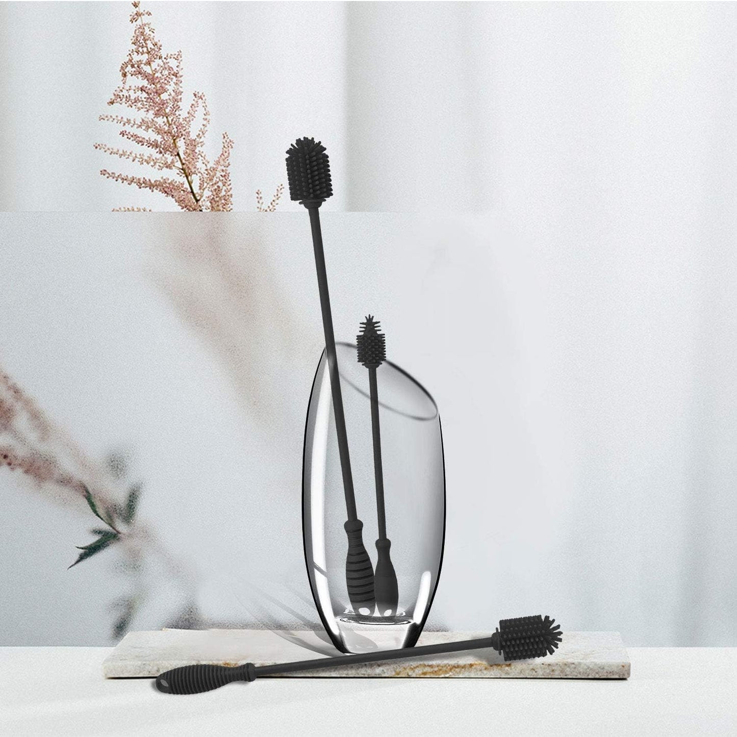 Silicone Bottle Brush, Bottle Cleaner Brushes Set of 3, Water Bottle Cleaning Brush with Long Handle for Cleaning Baby Bottles, Hydro Flasks, Vase, Glassware, Narrow Neck Containers (Dark Grey)