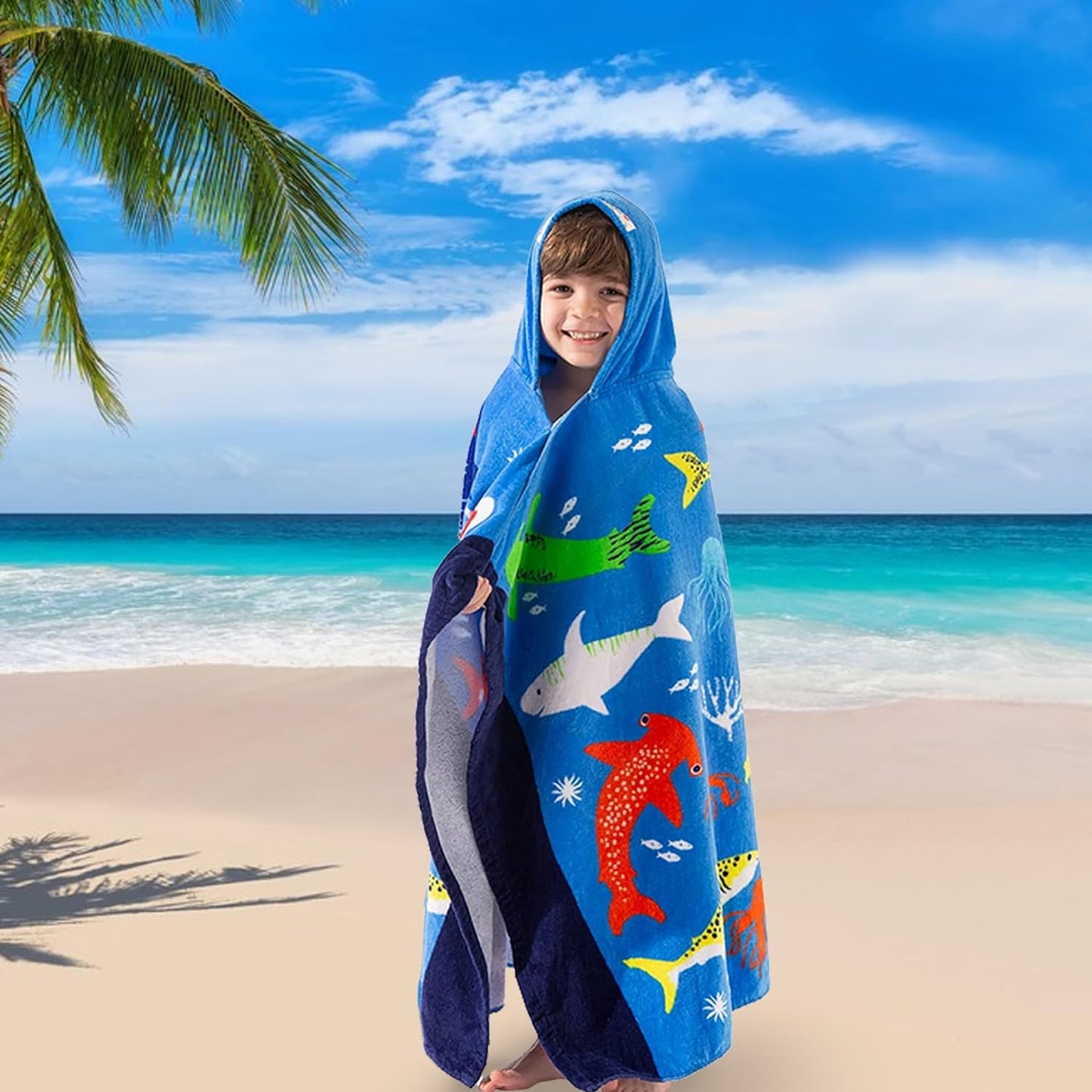 Hooded Towel for Toddlers 3-10 Years,30''X50'',Soft | Thick | Cotton | Absorbent | Large Beach | Pool | Bath | Swim Towels | Cover up for Boys, Shark Fish