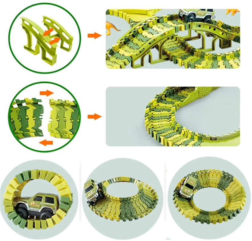 Dinosaur World Track Racing Track Toy Set Dinosaur Railway Toy Car Educational Bend Flexible Race Track Flash Light Car Toys Boy