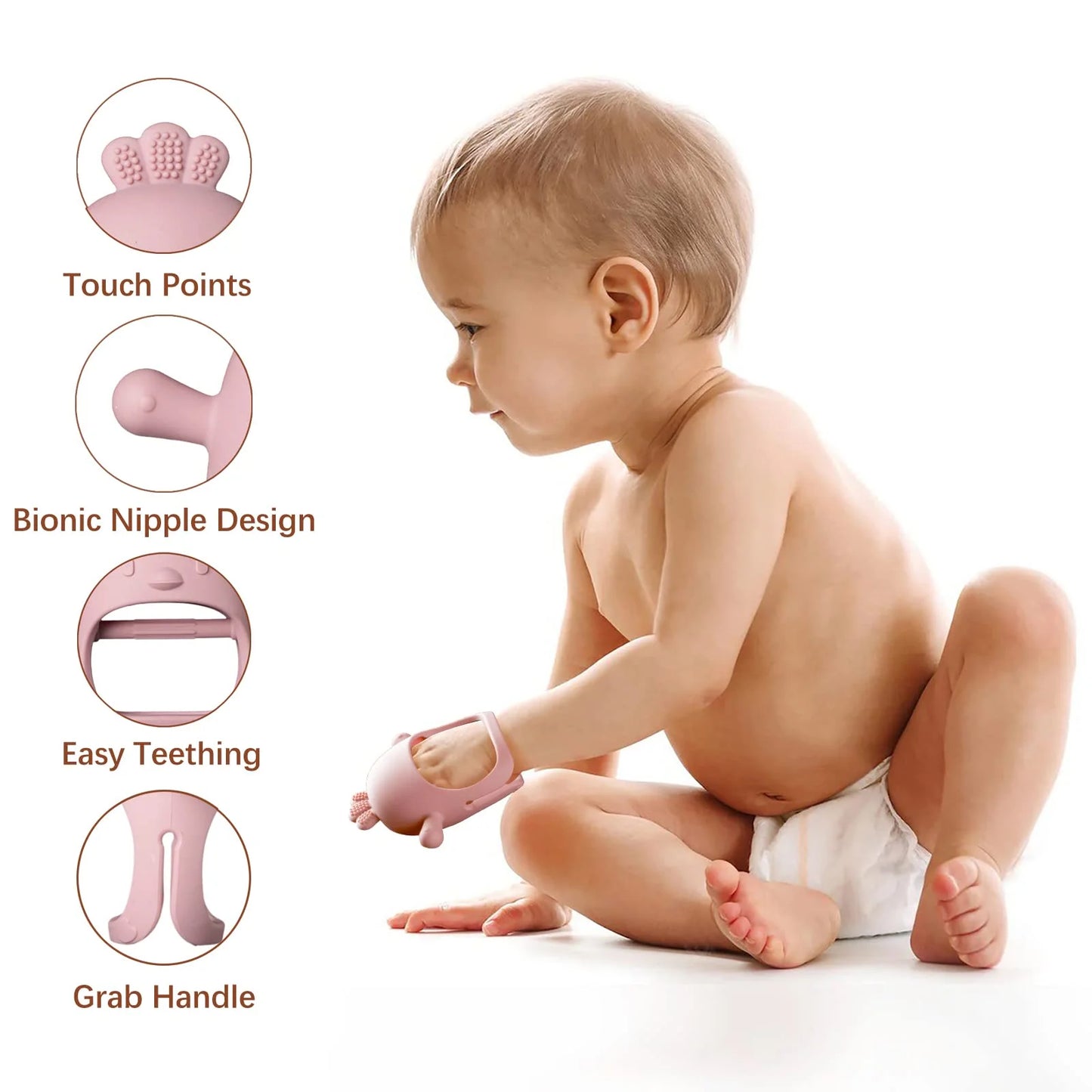 Silicone Baby Teether Toy for Infants 5+ Months, BPA Free Anti-Drop Silicone Mitten Teething Toy for Soothing Sore Gums, Baby Chew Toys for Sucking Needs, Dark Pink+Olive
