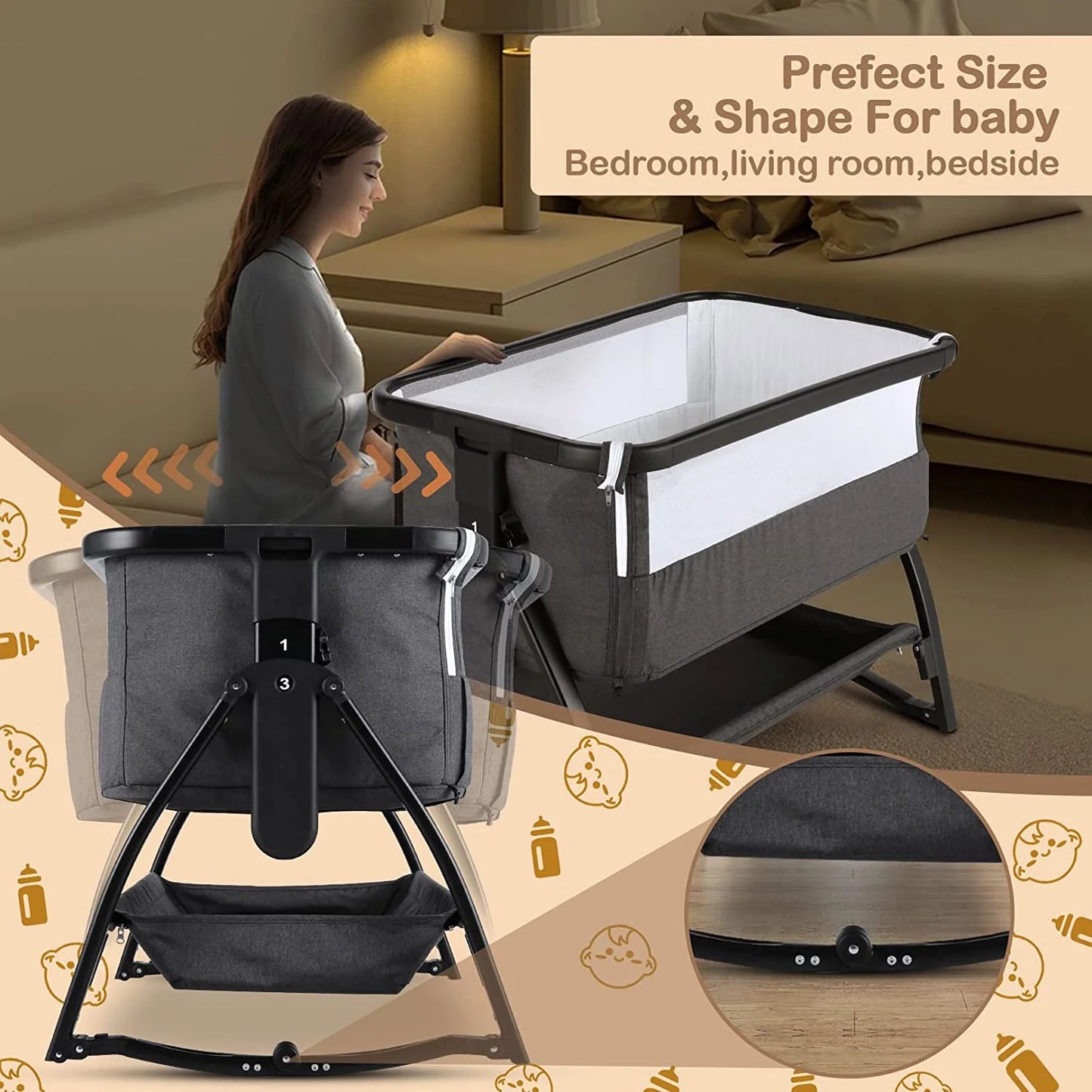 Adnoom Baby Bassinet Bedside Sleeper, Baby Bed to Babies Cradle, Adjustable 7-Level Height Portable Bed for Newborn/ Infant/ Baby Boy/ Baby Girl (Light Gray)