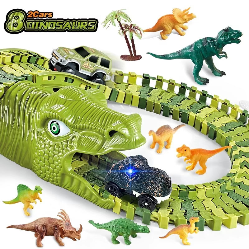 Dinosaur World Track Racing Track Toy Set Dinosaur Railway Toy Car Educational Bend Flexible Race Track Flash Light Car Toys Boy