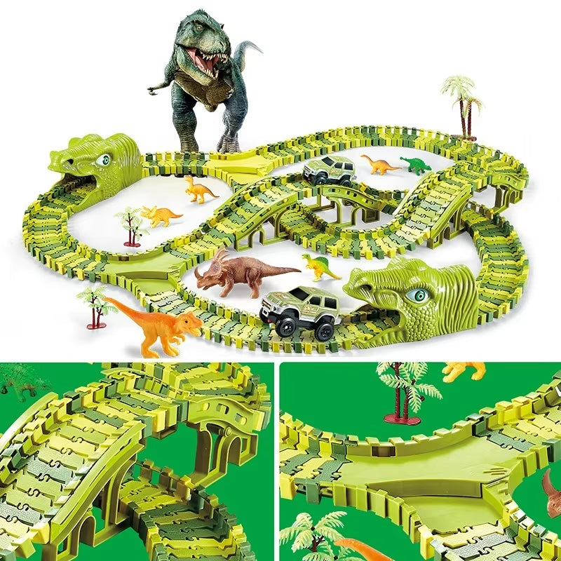 Dinosaur World Track Racing Track Toy Set Dinosaur Railway Toy Car Educational Bend Flexible Race Track Flash Light Car Toys Boy