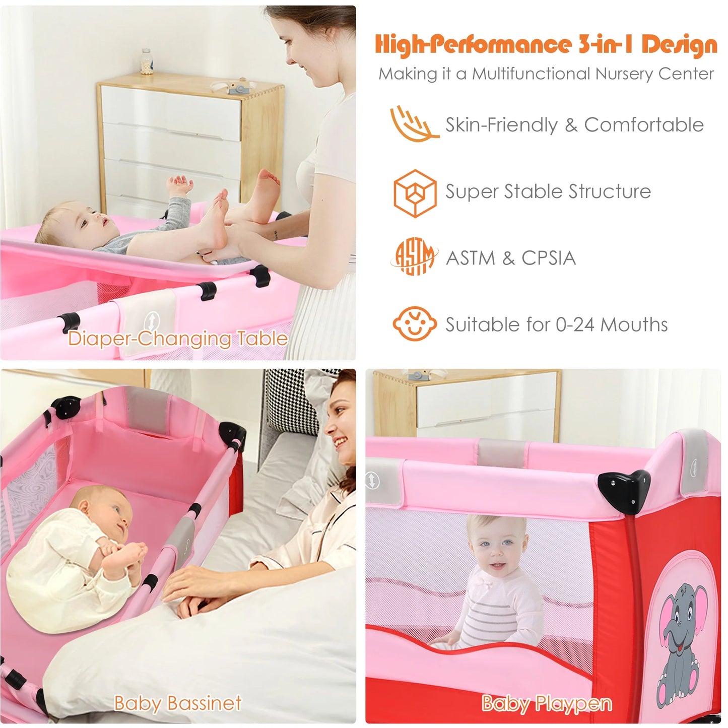 Baby Crib Playpen Playard Foldable Bassinet Infant Bed Unisex 0-18 Months Pink