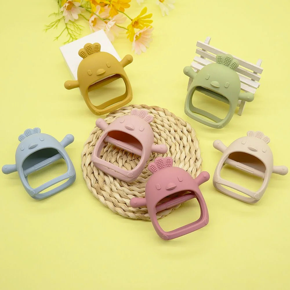 Silicone Baby Teether Toy for Infants 5+ Months, BPA Free Anti-Drop Silicone Mitten Teething Toy for Soothing Sore Gums, Baby Chew Toys for Sucking Needs, Dark Pink+Olive