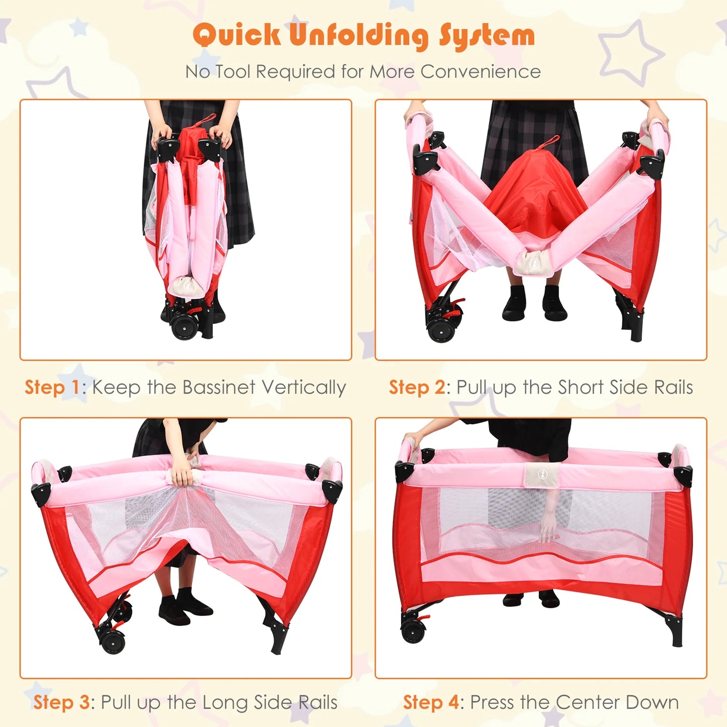 Baby Crib Playpen Playard Foldable Bassinet Infant Bed Unisex 0-18 Months Pink