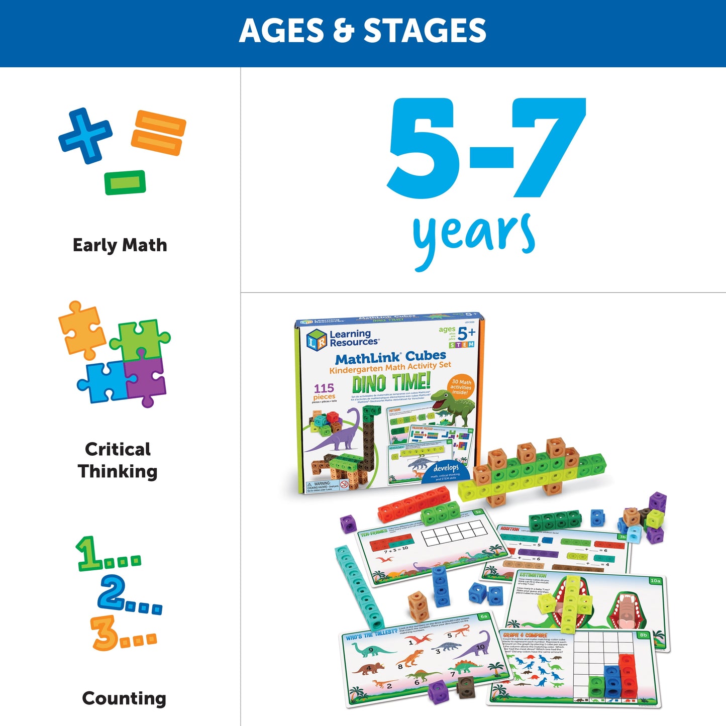 Mathlink Cubes Kindergarten Math Activity Set: Dino Time (115 Pieces)