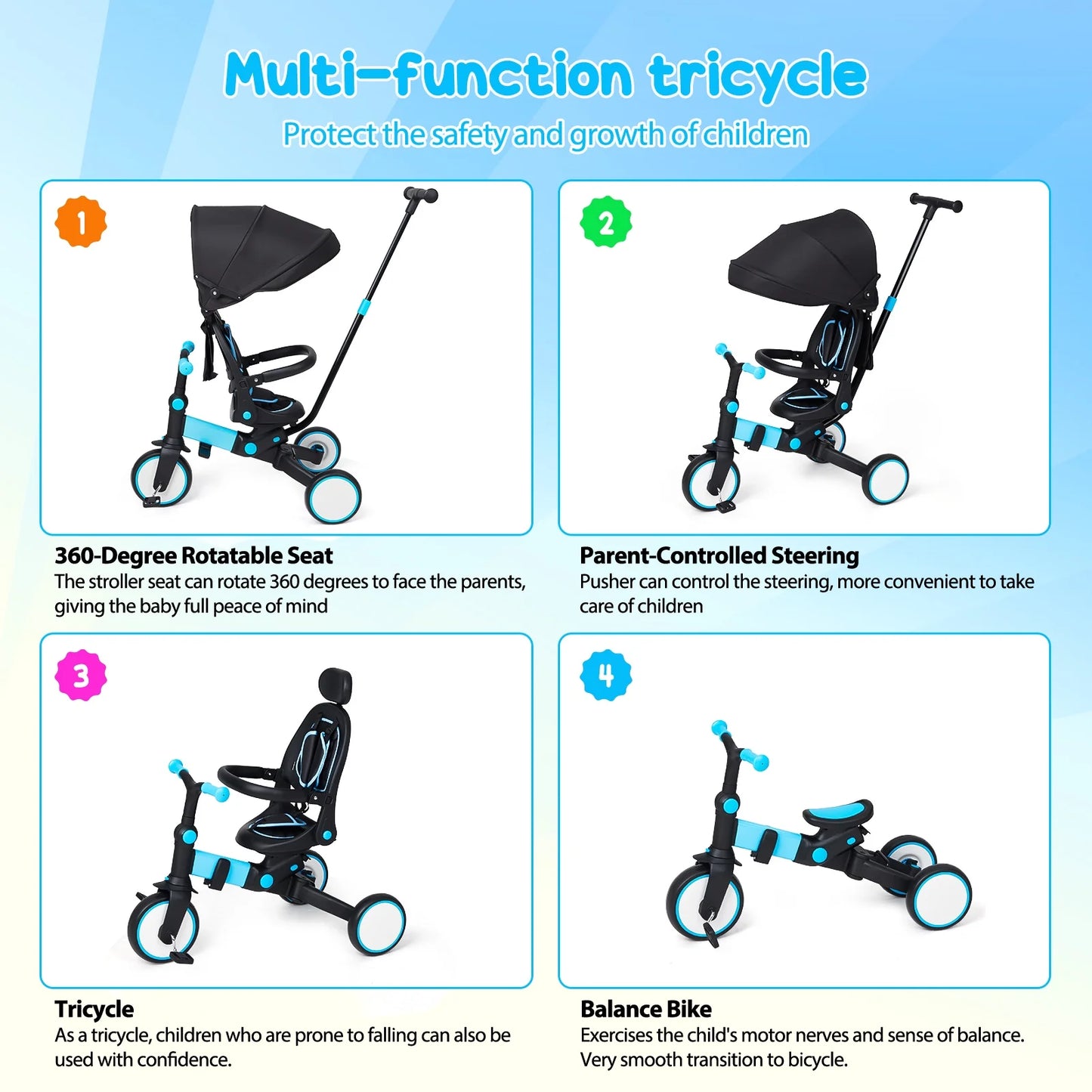 4 in 1 Baby Tricycle,Foldable Kids Tricycle with Adjustable Removable Canopy, Push Handle,Pedal and Guardrail,Balance Bike,Multifunction Design Witness Your Child'S Growth Blue