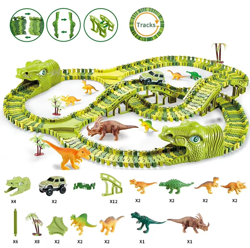 Dinosaur World Track Racing Track Toy Set Dinosaur Railway Toy Car Educational Bend Flexible Race Track Flash Light Car Toys Boy