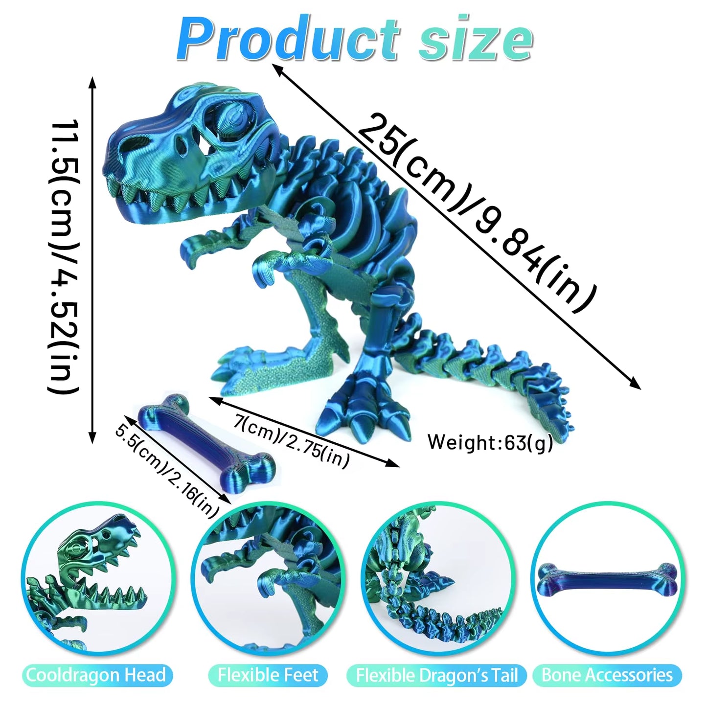 3D Printed Fidget Toy Rotatable Articulated Skeleton Tyrannosaurus Rex Skeleton Dinosaur Model Gift for Kids with for Birthdays