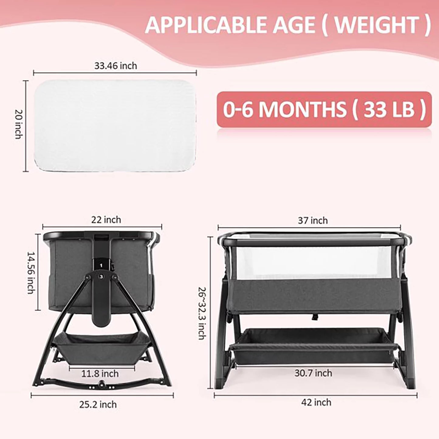Adnoom Baby Bassinet Bedside Sleeper, Baby Bed to Babies Cradle, Adjustable 7-Level Height Portable Bed for Newborn/ Infant/ Baby Boy/ Baby Girl (Light Gray)