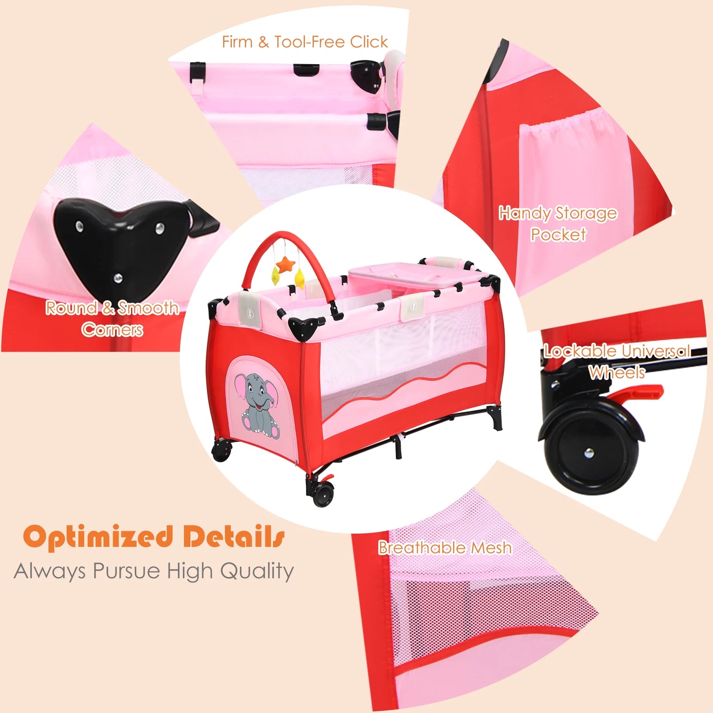 Baby Crib Playpen Playard Foldable Bassinet Infant Bed Unisex 0-18 Months Pink