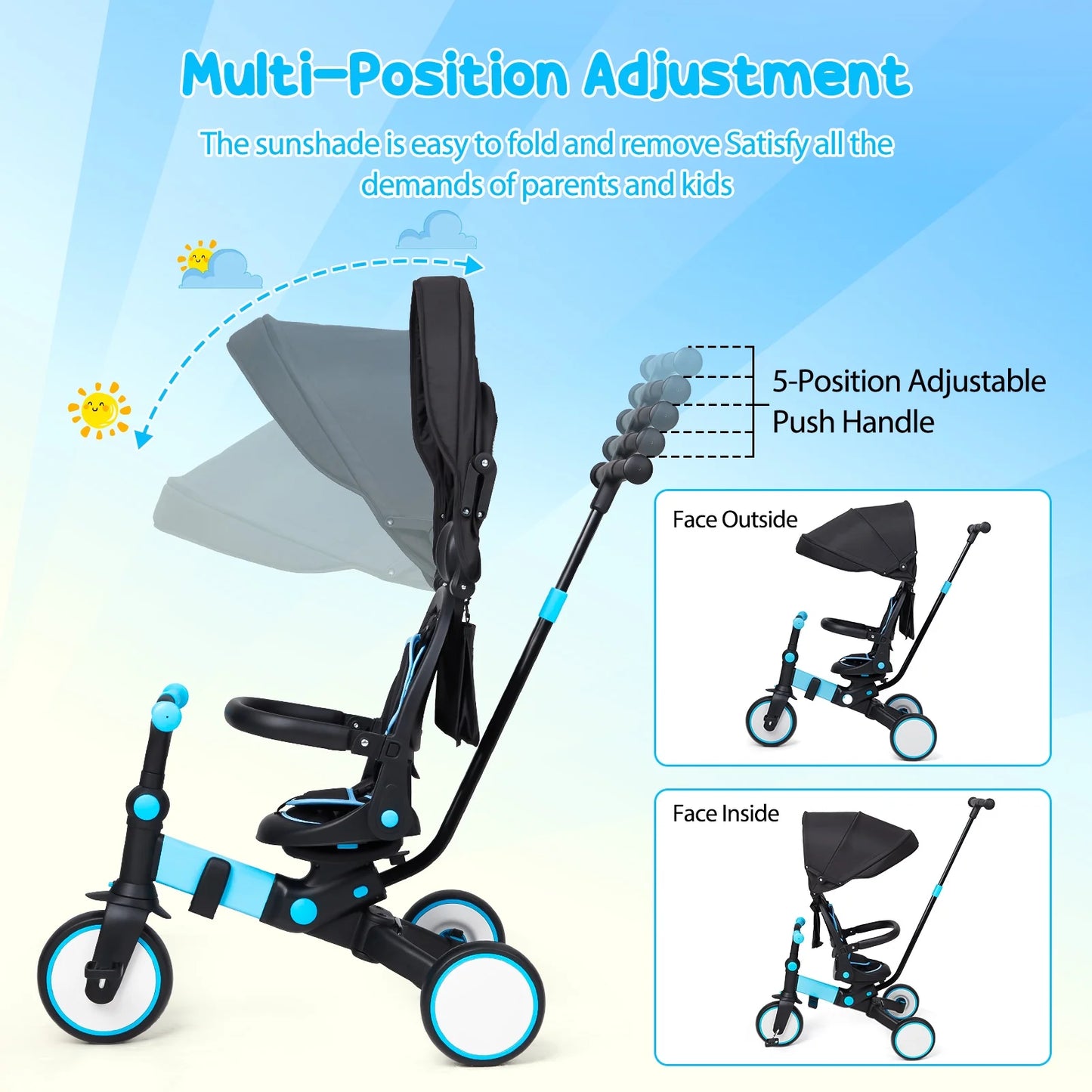 4 in 1 Baby Tricycle,Foldable Kids Tricycle with Adjustable Removable Canopy, Push Handle,Pedal and Guardrail,Balance Bike,Multifunction Design Witness Your Child'S Growth Blue