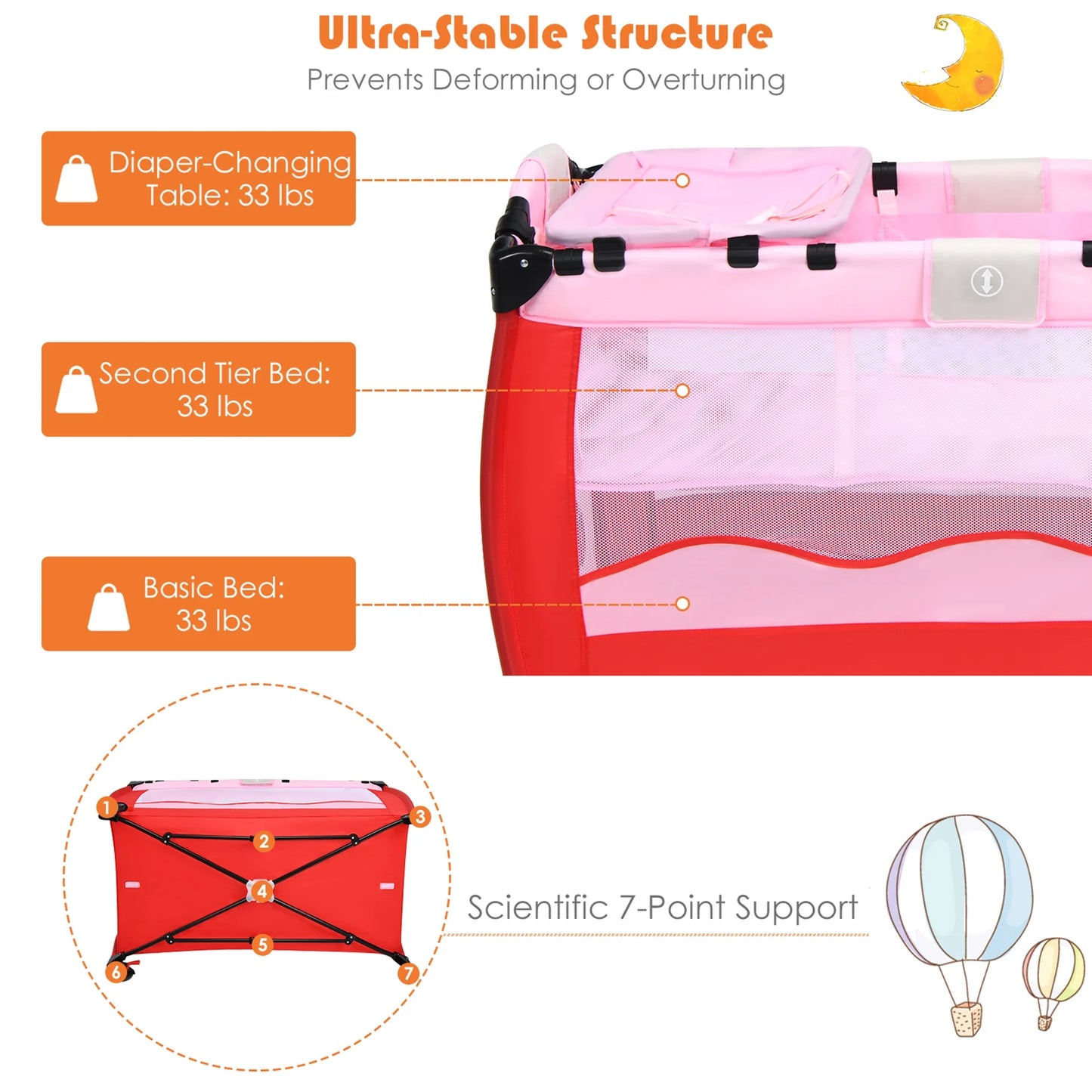 Baby Crib Playpen Playard Foldable Bassinet Infant Bed Unisex 0-18 Months Pink