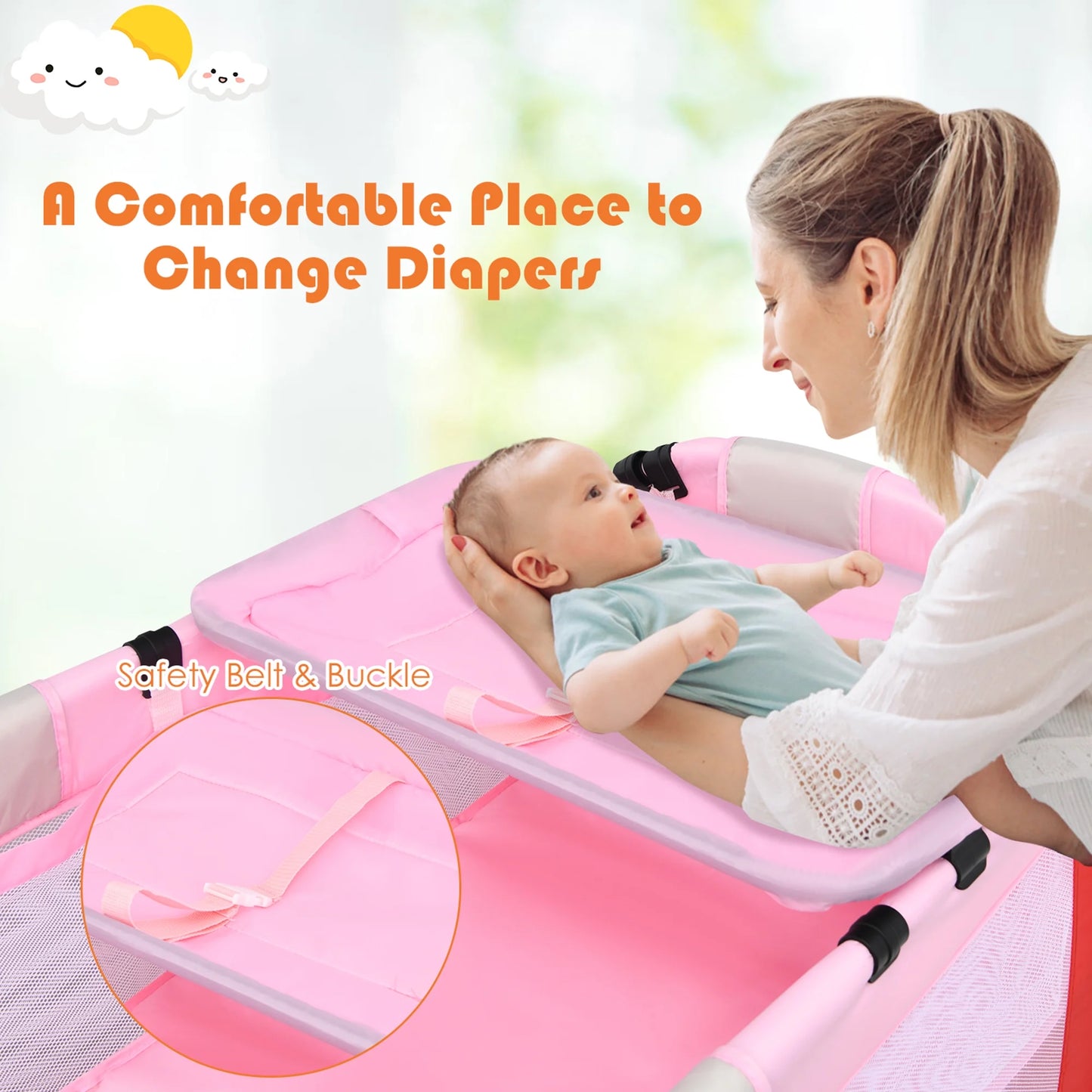 Baby Crib Playpen Playard Foldable Bassinet Infant Bed Unisex 0-18 Months Pink