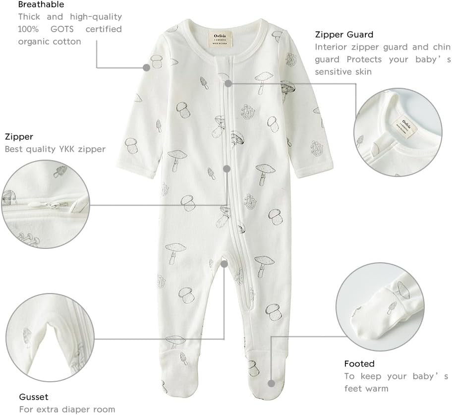 Organic Cotton Baby Pajamas, Boys Girls Zip Front Sleep 'N Play, Footed Sleeper, Long Sleeve