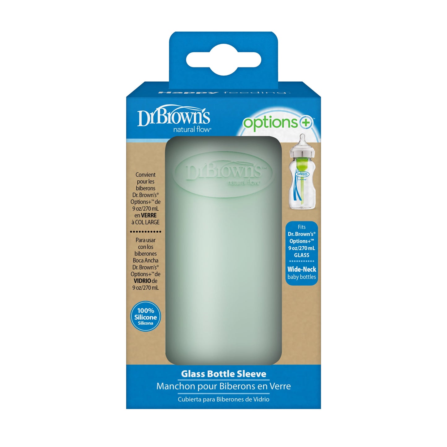 Natural Flow Options+ Glass Baby Bottle Sleeves, 100% Silicone, 9 Oz, Wide-Neck, Mint, 1 Pack