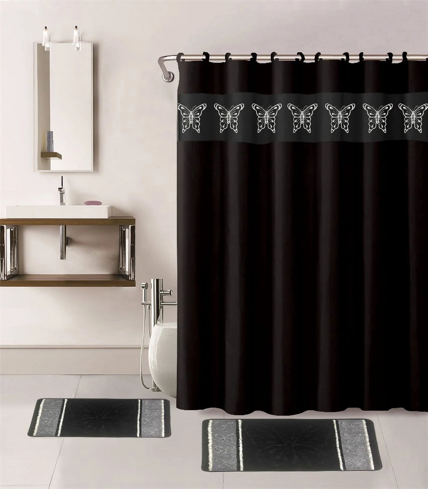 BUTTERFLY BLACK 15-PIECE BATHROOM SET, 2-RUGS/MATS, 1 -FABRIC SHOWER CURTAIN, 12-FABRIC COVERED RINGS NON SLIP RUGS