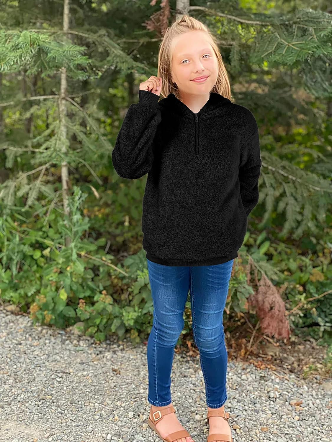 Kids Girl'S Fuzzy Hoodies Zipper Warm Loose Sherpa Hooded Sweatshirt Pullover with Pockets