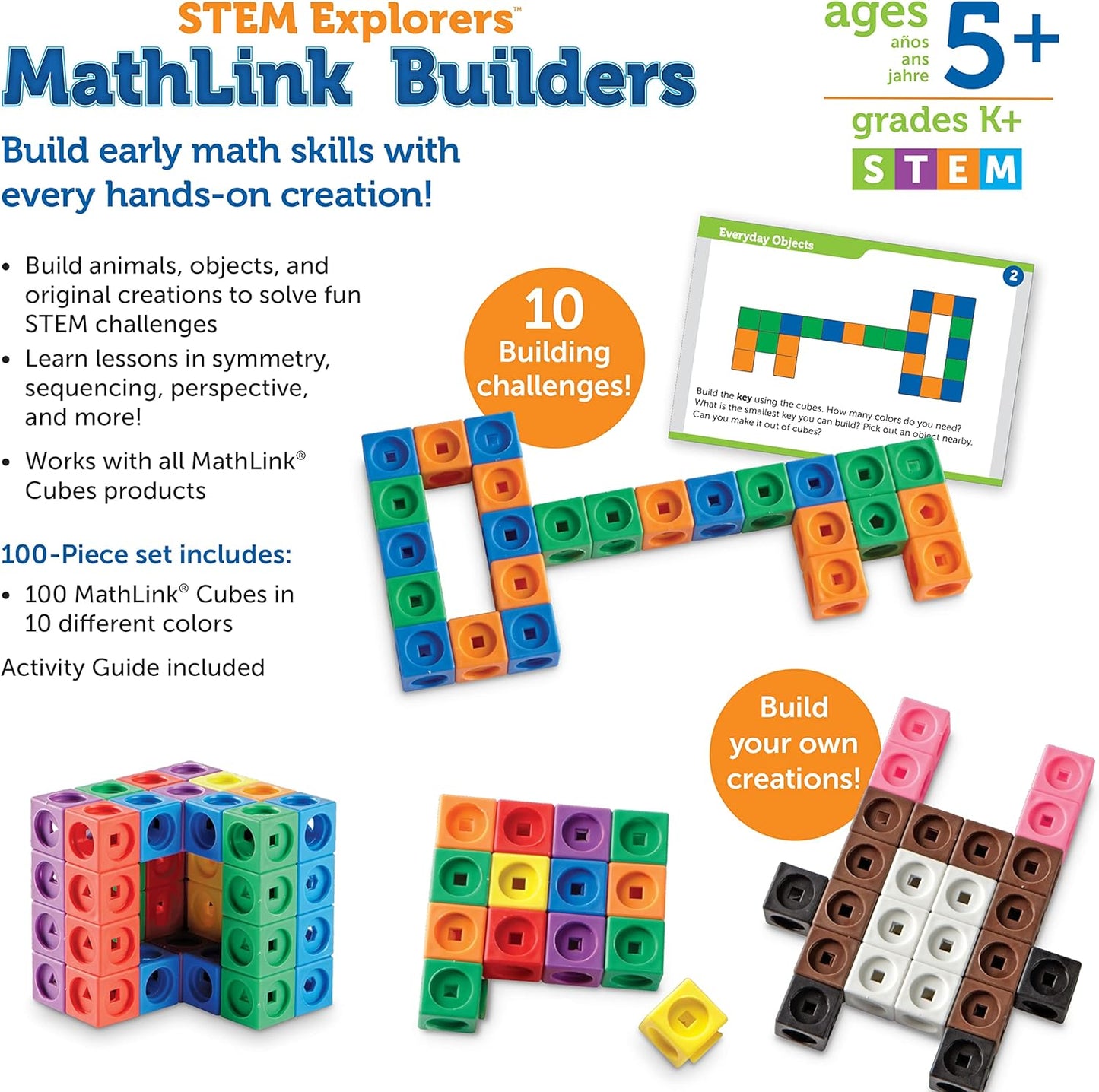 STEM Explorers Mathlink Builders - 100 Pieces, Ages 5+, Kindergarten STEM Activities, Math Activity Set and Games for Kids, Linking Cubes, Connecting Cubes