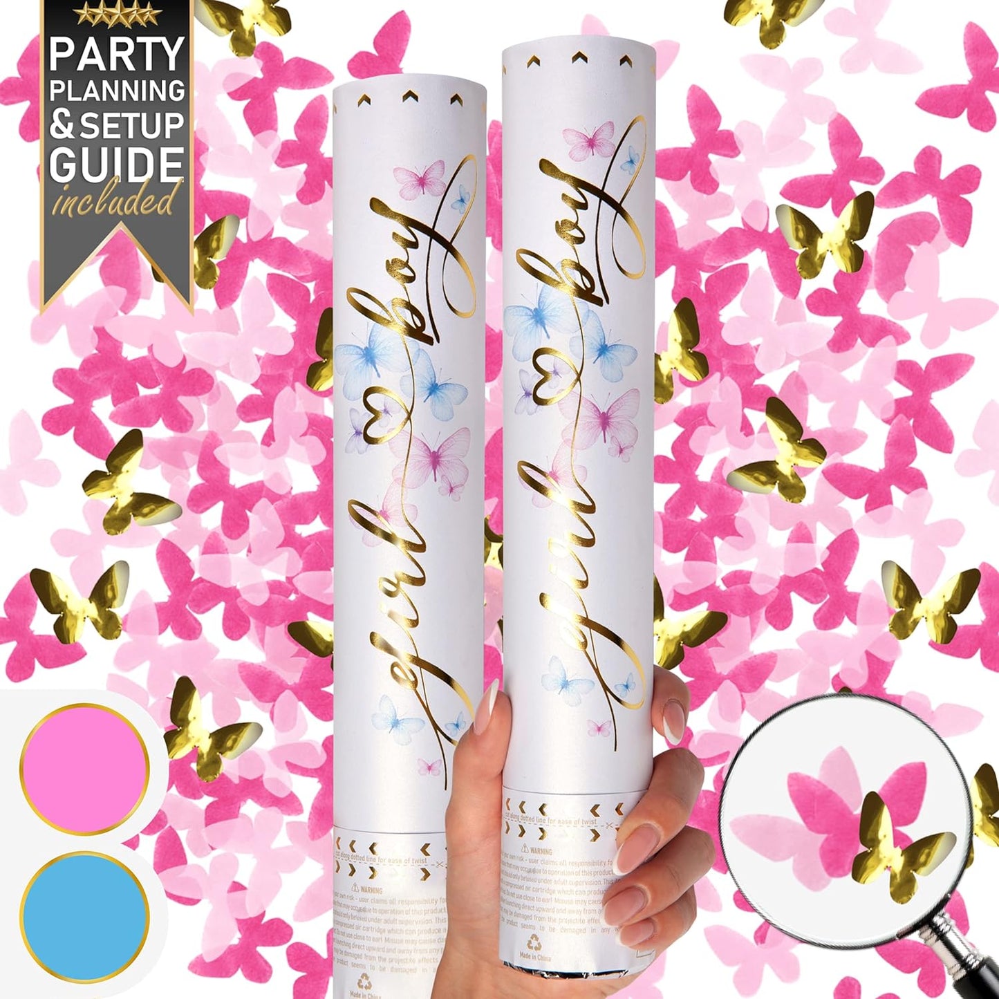 Gender Reveal Confetti Cannon - 2 Pack - Butterfly Shape Pink Gender Reveal Cannons | Baby Gender Reveal Poppers | Girl Gender Reveal Pink Party Popper Confetti Shooter | Pink Confetti Poppers Blaster