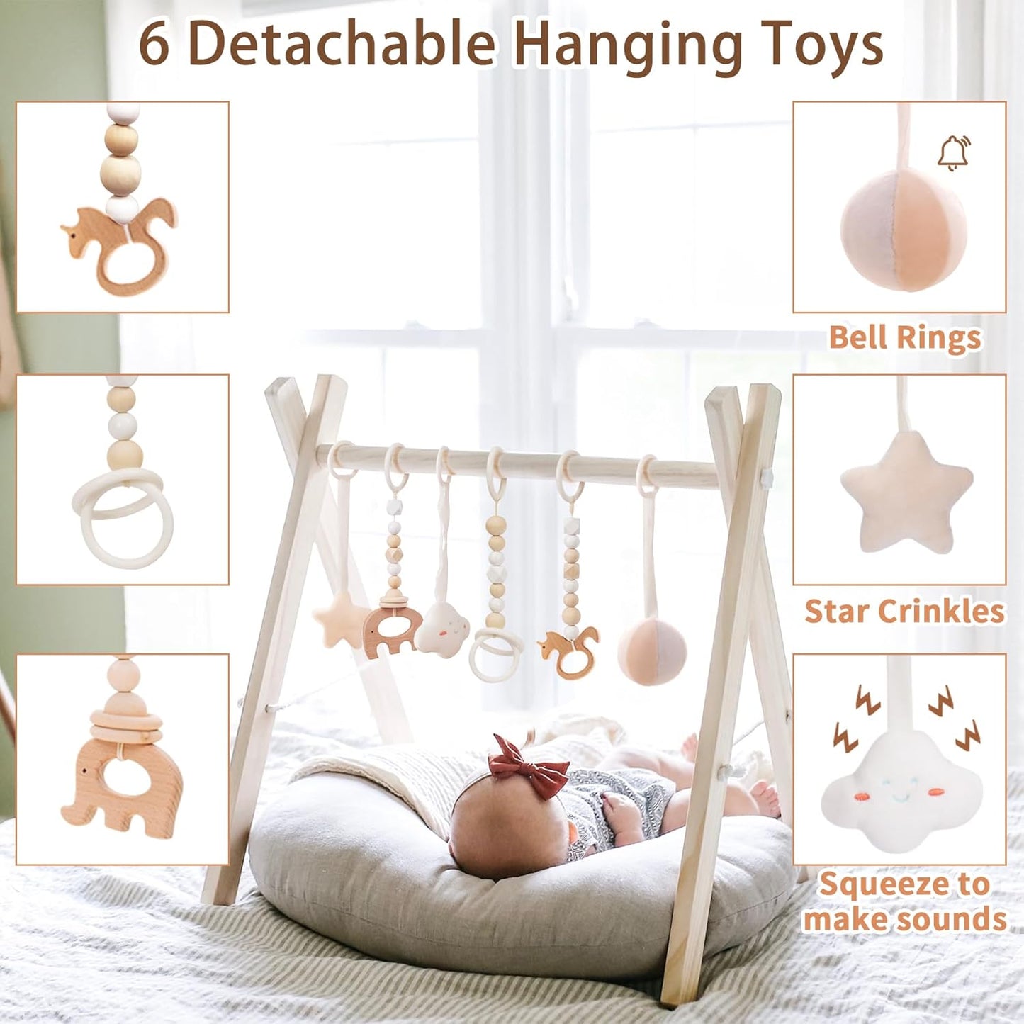 Wooden Baby Gym with 6 Gym Toys, Foldable Baby Play Gym, Natural Pine Wood Play Gym, Frame Activity Center Hanging Bar, Wooden Play Gym