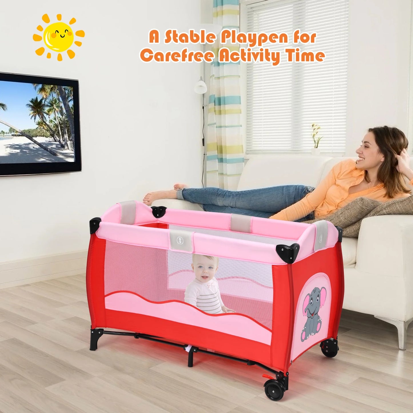 Baby Crib Playpen Playard Foldable Bassinet Infant Bed Unisex 0-18 Months Pink
