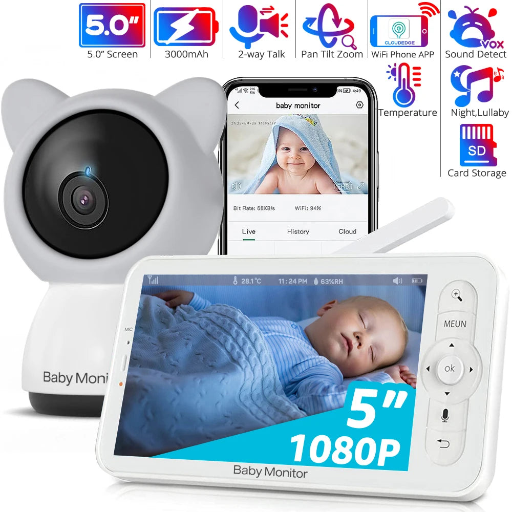 HD Wifi Baby Monitor with App,5-Inch 720P Display,Pan Tilt Zoom 1080P Baby Camera,Night Vision,2-Way Talk,3000Mah Battery,1000Ft