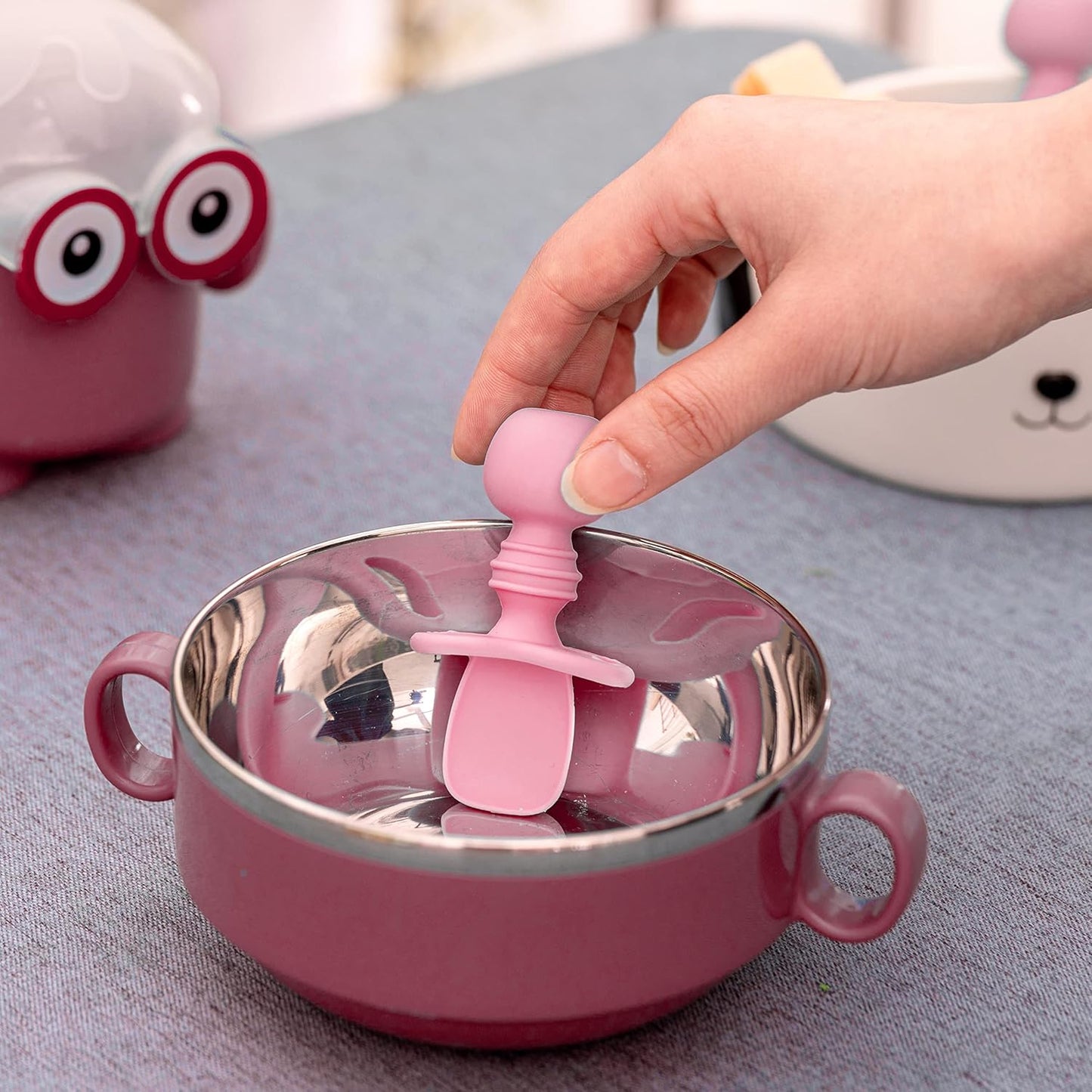 Silicone Utensils, Baby Fork and Spoon Set, Training Utensils, Baby Led Weaning Stage 1 for Ages 6 Months (Pink)