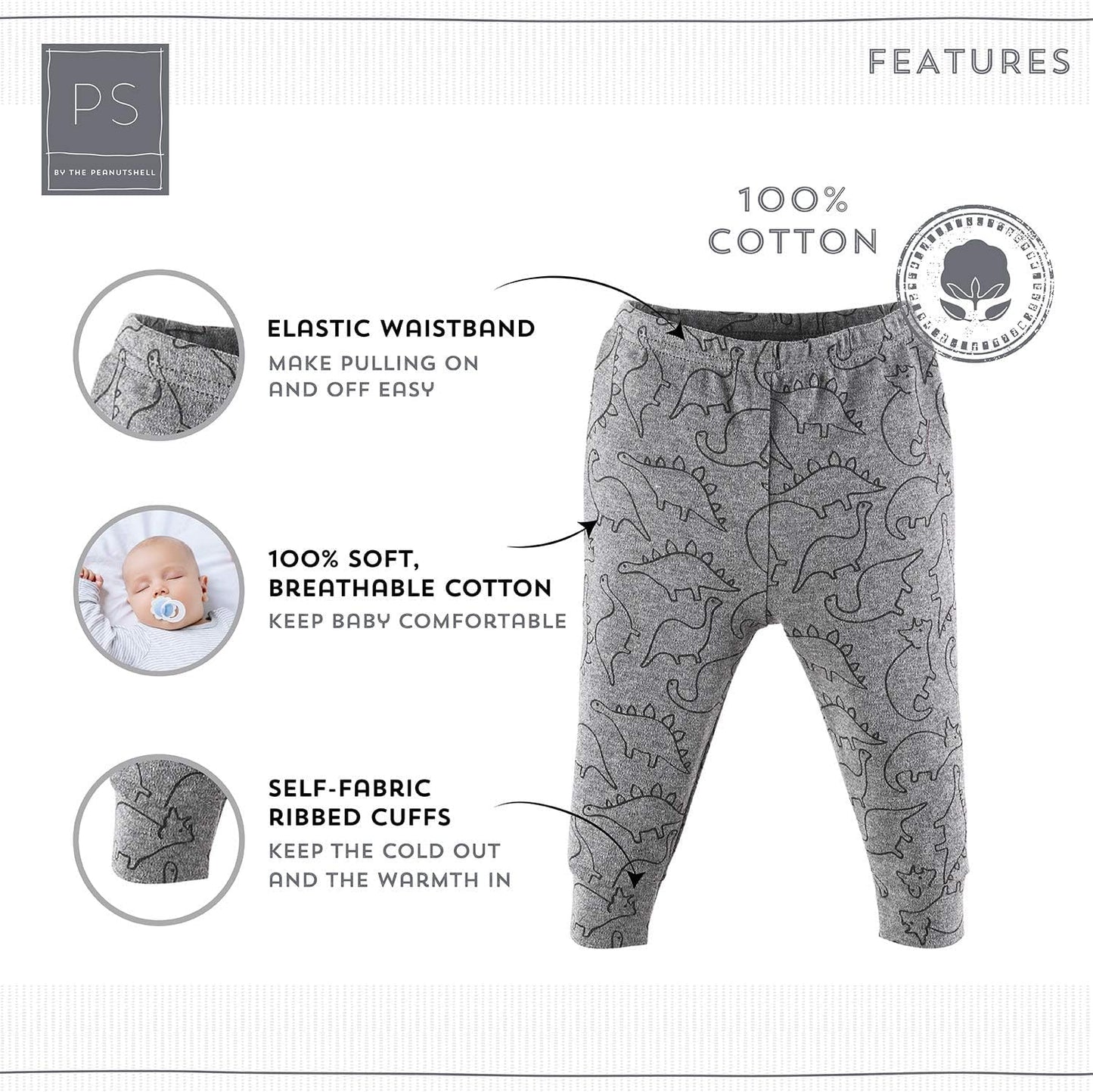 5 Pack Baby Boy Pants Set - 100% Cotton Toddler Pants for Baby Boys, 9-12 Baby Boy Clothes for Toddlers and Babies - Dinosaur Multicolored