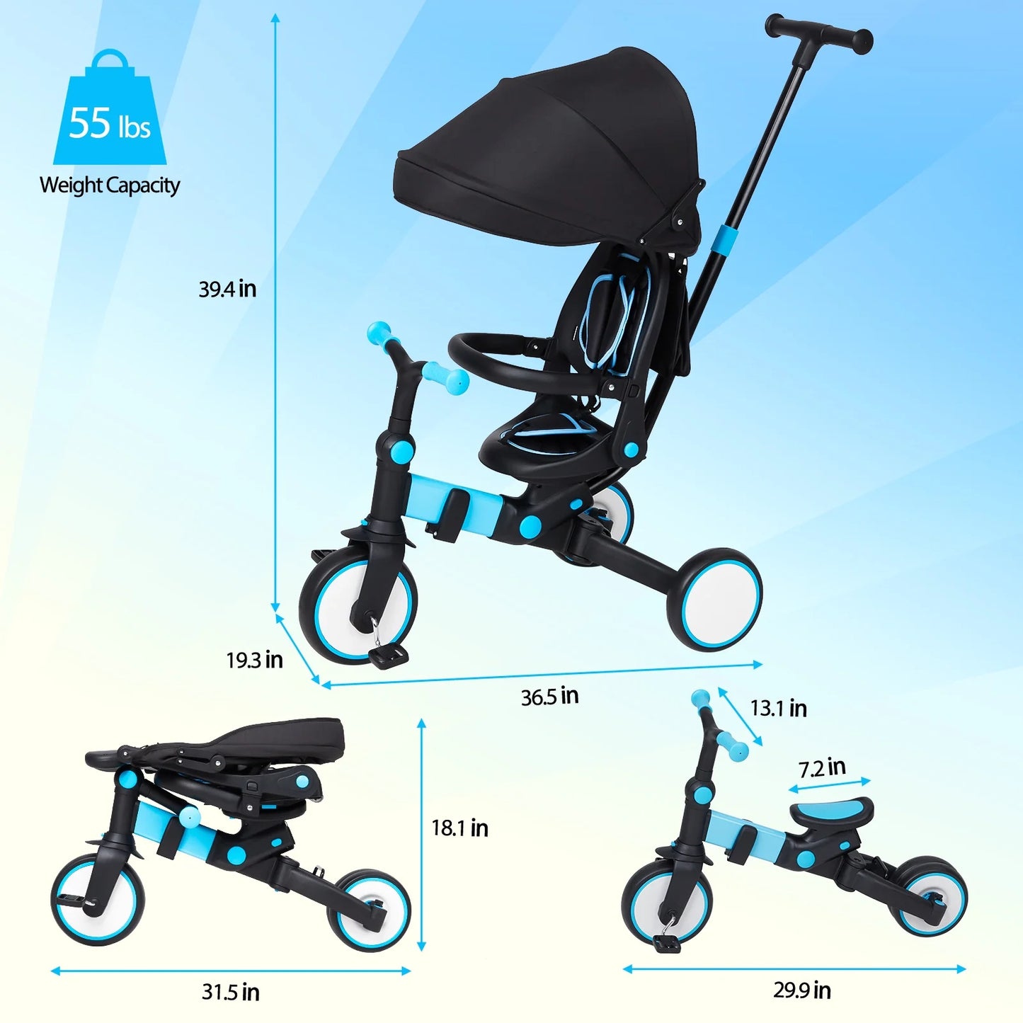 4 in 1 Baby Tricycle,Foldable Kids Tricycle with Adjustable Removable Canopy, Push Handle,Pedal and Guardrail,Balance Bike,Multifunction Design Witness Your Child'S Growth Blue