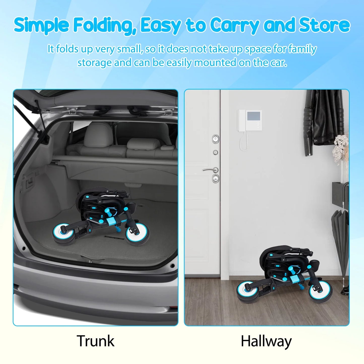 4 in 1 Baby Tricycle,Foldable Kids Tricycle with Adjustable Removable Canopy, Push Handle,Pedal and Guardrail,Balance Bike,Multifunction Design Witness Your Child'S Growth Blue