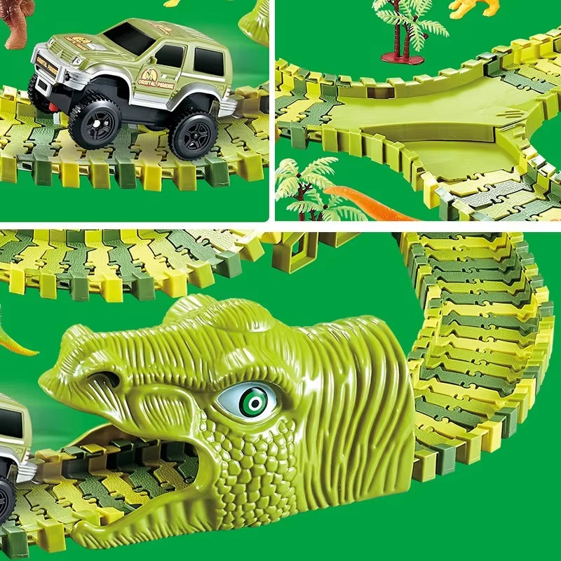 Dinosaur World Track Racing Track Toy Set Dinosaur Railway Toy Car Educational Bend Flexible Race Track Flash Light Car Toys Boy