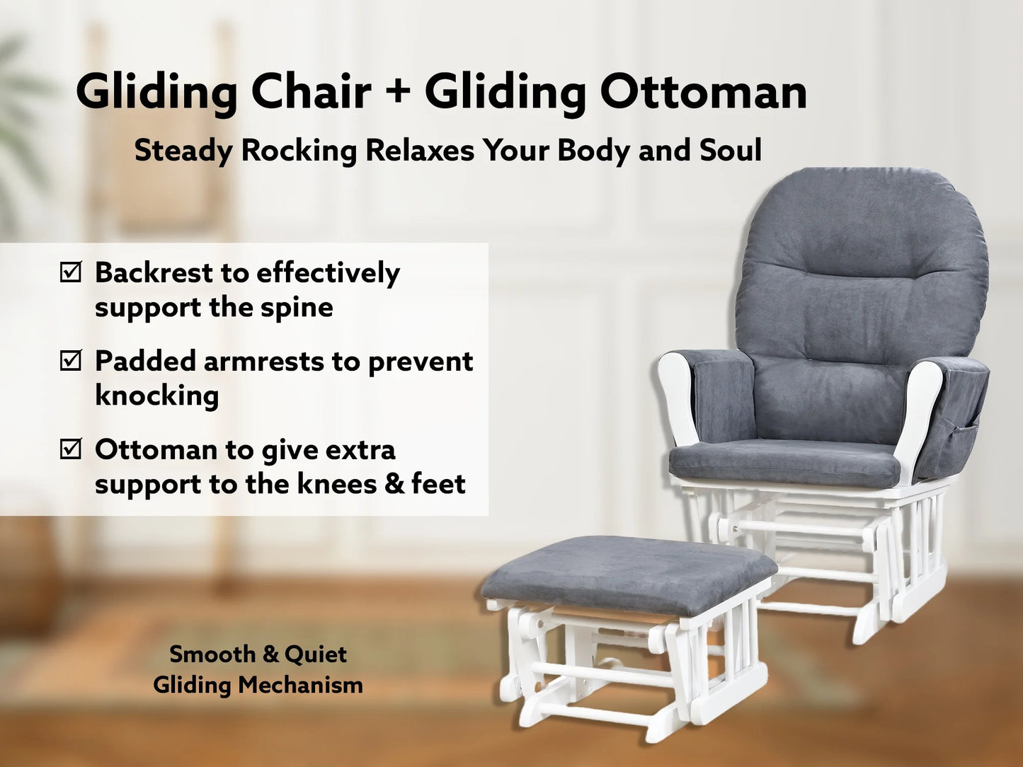 Brisbane Nursery Glider & Ottoman Sets, Glider Recliner Nursery Rocking Chair, Nursery Glider Rocker with Ottoman, Reclining Gliders & Chairs for Breastfeeding, Reading, Napping - White/Dark Gray
