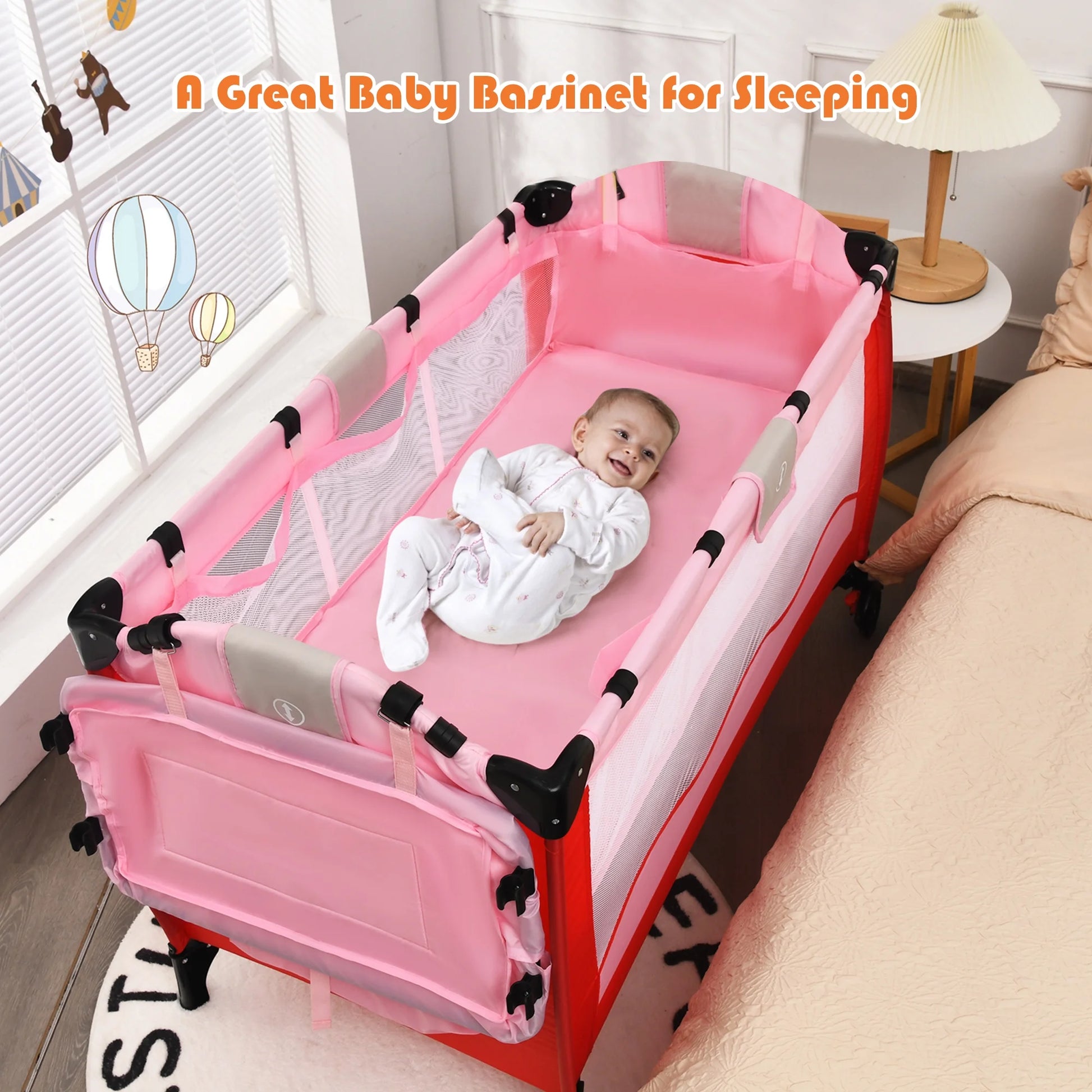 Baby Crib Playpen Playard Foldable Bassinet Infant Bed Unisex 0-18 Months Pink