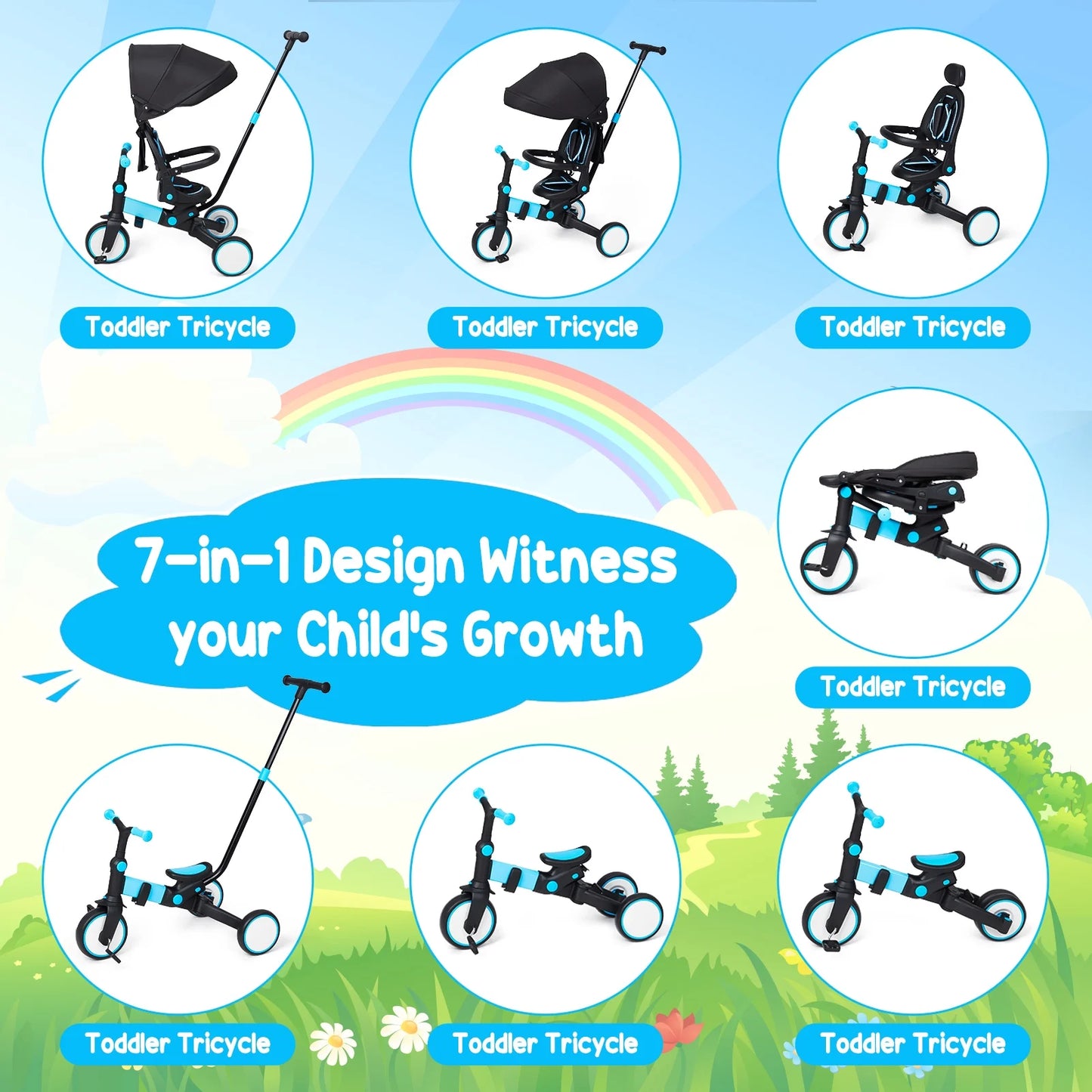 4 in 1 Baby Tricycle,Foldable Kids Tricycle with Adjustable Removable Canopy, Push Handle,Pedal and Guardrail,Balance Bike,Multifunction Design Witness Your Child'S Growth Blue