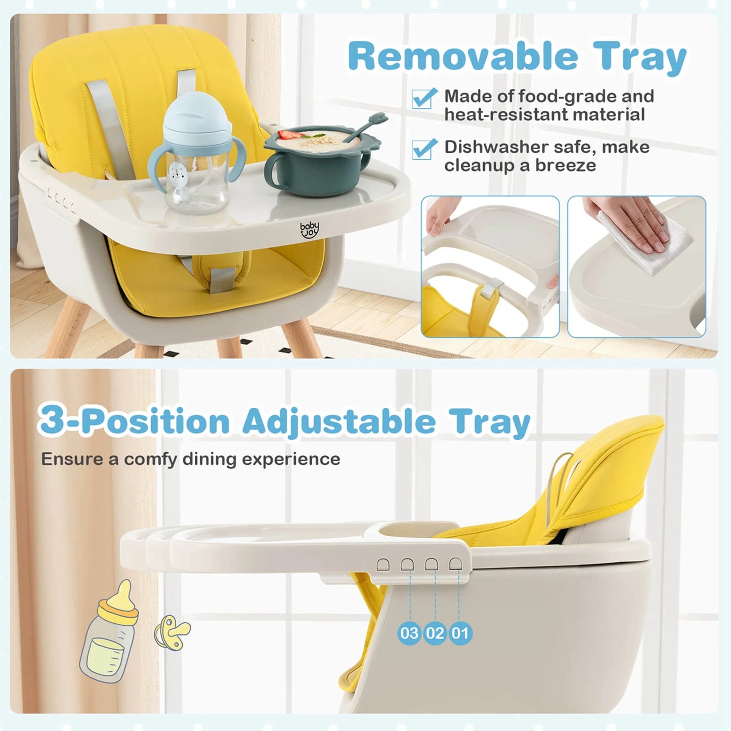 Babyjoy 3 in 1 Convertible Wooden High Chair Toddler Feeding Chair with Cushion Yellow