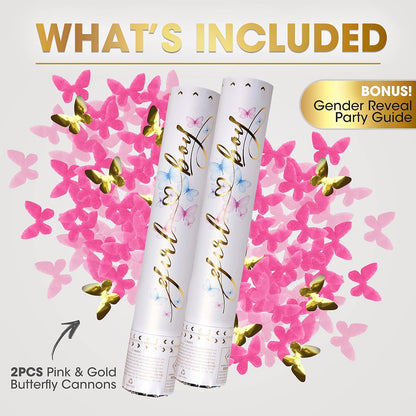 Gender Reveal Confetti Cannon - 2 Pack - Butterfly Shape Pink Gender Reveal Cannons | Baby Gender Reveal Poppers | Girl Gender Reveal Pink Party Popper Confetti Shooter | Pink Confetti Poppers Blaster