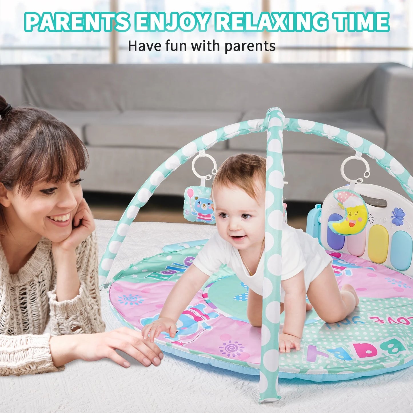 Baby Play Mat, 5 in 1 Thick Large Baby Gyms Play Mats Musical Activity Center, Play Piano Gym Tummy Time for Newborn Toddler and Infants, Blue and Pink