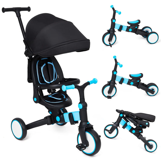 4 in 1 Baby Tricycle,Foldable Kids Tricycle with Adjustable Removable Canopy, Push Handle,Pedal and Guardrail,Balance Bike,Multifunction Design Witness Your Child'S Growth Blue