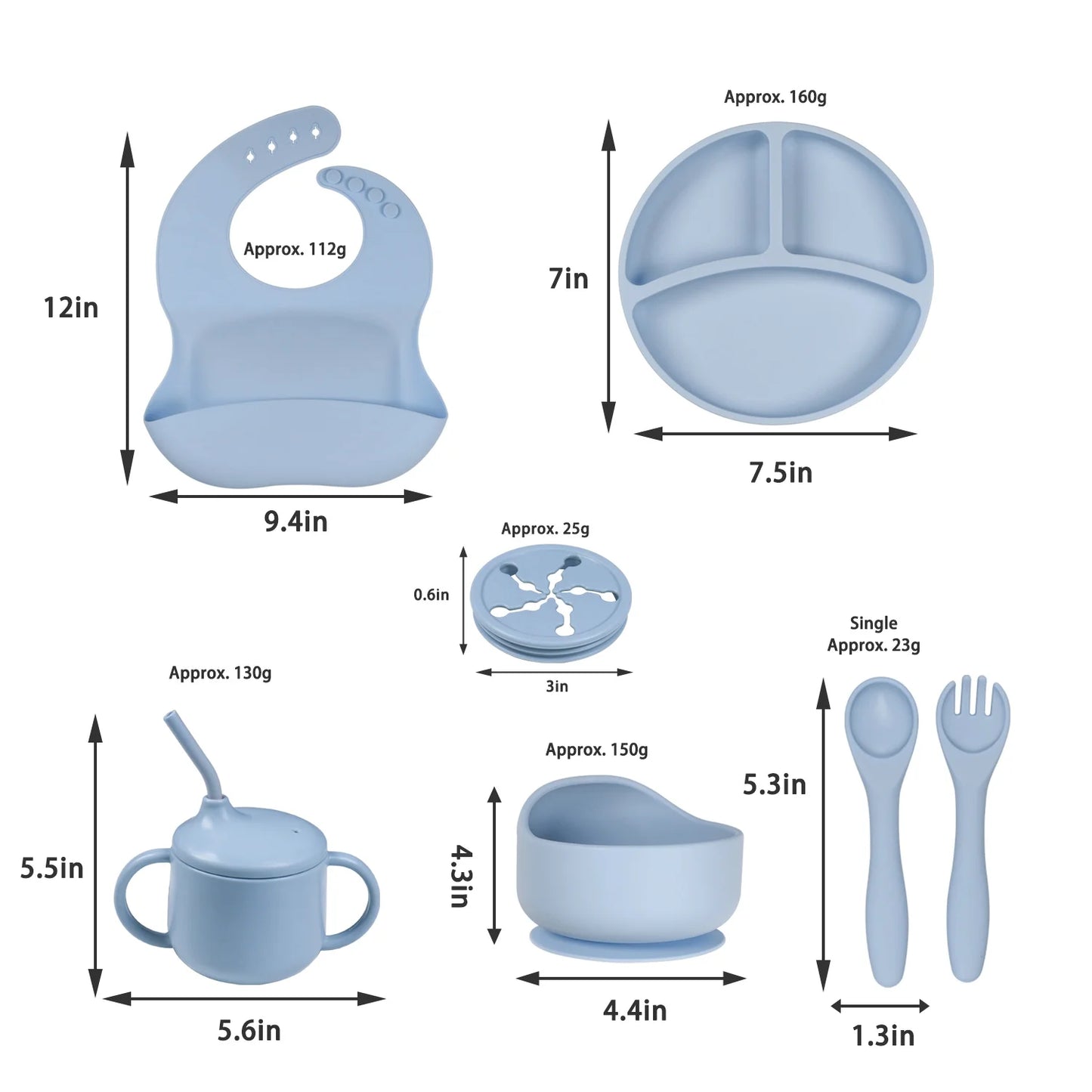 7 Pack Silicone Baby Feeding Set, Baby Led Weaning Utensils Set, Baby Spoon and Fork, Sippy Cup with Straw, Blue