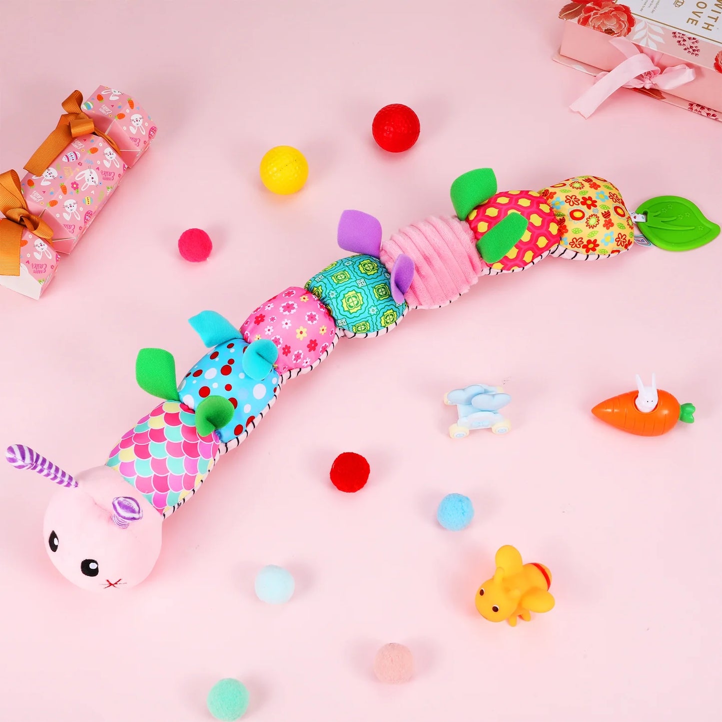 Baby Musical Caterpillar Toys, Infant Stuffed Animal Toys with Crinkle, Rattle and Textures, Soft Sensory Toys for Tummy Time Newborn Boys Girls 0 3 6 12 Months