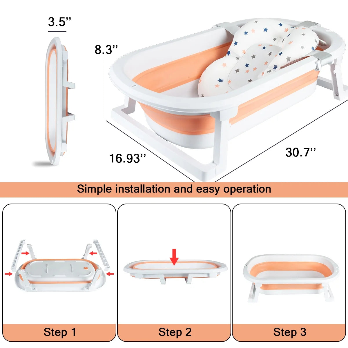 Foldable Baby Bath Tub with Toys, Portable Newborn Infant Bathtub, Pink+Floating Mat