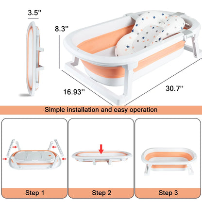Foldable Baby Bath Tub with Toys, Portable Newborn Infant Bathtub, Pink+Floating Mat