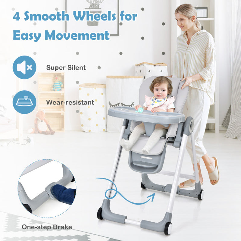 Baby Folding Convertible High Chair with Wheels and Adjustable Height