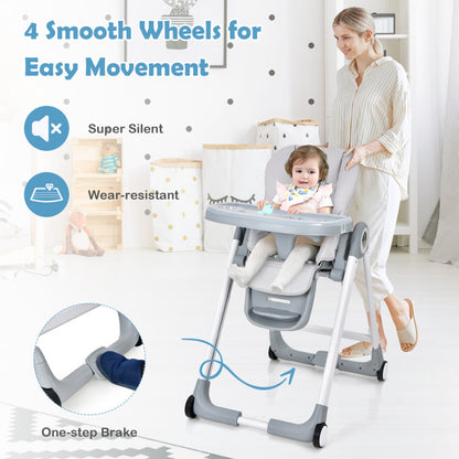 Baby Folding Convertible High Chair with Wheels and Adjustable Height