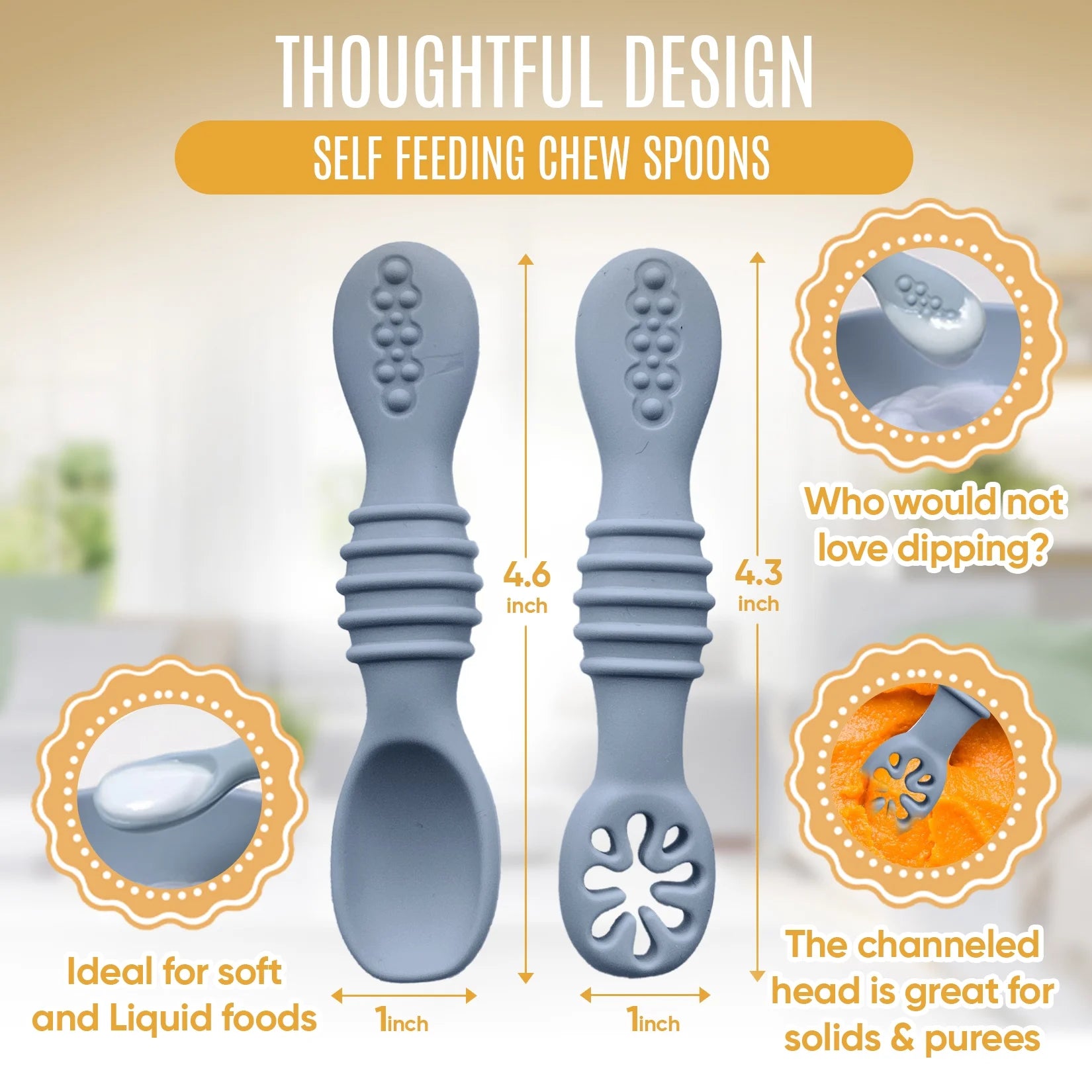 4Pc Baby Led Weaning Set, Baby Feeding Utensils, Toddler Cutlery Set, BPA Free Silicone, Dishwasher and Microwave Safe (Gray/Beige)
