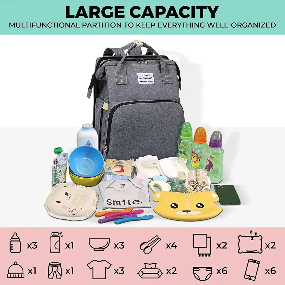 Fashionable Mommy Bag Folding Baby Bed Mother Large Capacity Portable Milk Bottle Diaper Double Shoulder Mom'S Bag